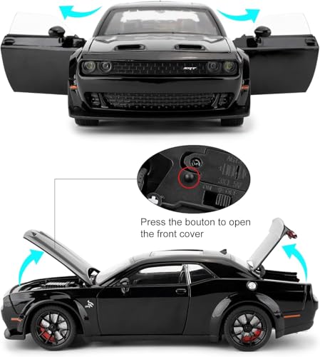 Image of 1:24 Dodge Challenger Diecast Toy Car - Multifunctional Alloy Model with Pull Back Action, Openable Doors, Bonnet & Boot, Sound & Light - Kids & Collector Gift (Black)