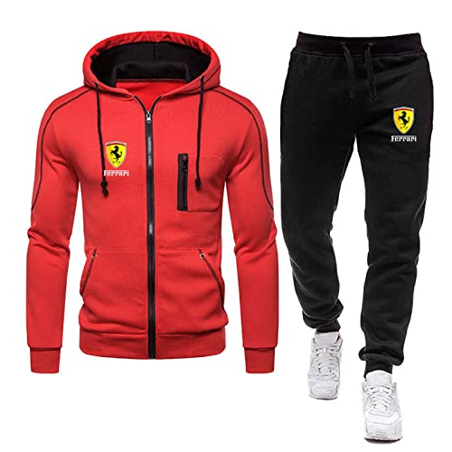 CFRSANM Survêtement Homme, Ensemble De Jogging Fer-R_Ari 2 Pièces À Capuche, Veste Zippée avec Capuche Et Poches, Pantalon De Sport + Sweat À Capuche,Rouge,XL/X~Large