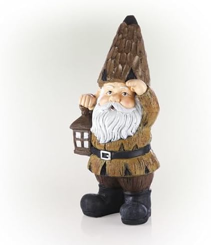 Alpine Corporation Indoor/Outdoor Garden Gnome with Lantern Statue, Artificial Stone, 16" H