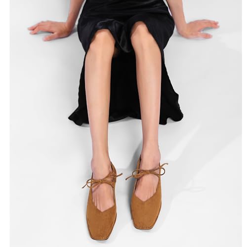 Square Toe Lace Up Ballet Flats for Women Cute Bow Slip On Mary Jane Flats Casual Ballerina Shoes Suede-Brown3