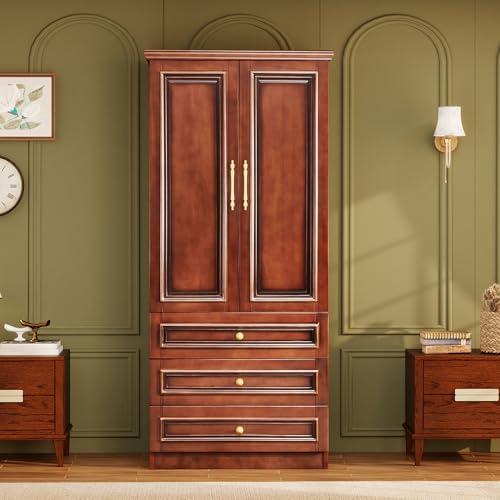Solid Wood Armoire Wardrobe Closet: 70.87" Wardrobe Cabinet Storage,Clothes Organizer with Doors,Shelves,Hanging Rods and Drawers,American Style Freestanding Bedroom Cherry Red Finish