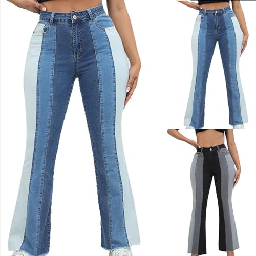 HGps8w Women's Chic Color Block Jeans, Casual High Waisted Straight Leg Stretchy Denim Pants with Pockets2