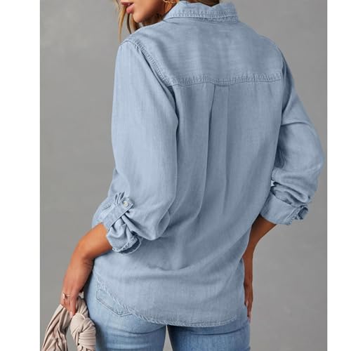 Women Denim Shirt Retro Long Sleeve Button Down Blouse Chambray Western Jean Shirt Jacket Business Casual Tops3