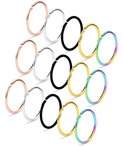 Dyknasz 15-30Pcs 22-18G Nose Rings Hoop Surgical Steel Fake Nose Ring Tragus Cartilage Helix Piercing Earring Hoops Septum Lip Ring 6-14MM for Women Men2