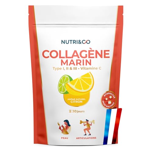 NUTRI & CO Collagene Marin Poudre Types 1, 2, 3 + Vitamine C, Breveté Naticol® & Cartydiss®, Peau Hydratée Soutien Articulaire, Peptides Hydrolysés 2000 DA, 180g Goût Citron 30jrs, Fabriqué en France