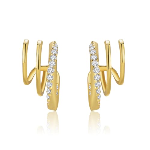 Image of Obidos 14K Gold Plated Illusion Stud Earrings for Women | Triple Huggie Hoop Earrings for One Hole| Trendy Simple Hypoallergenic Fashion Accessories Gold Jewelry Gifts for Womens