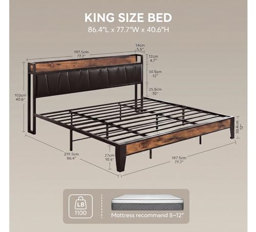 Image of LIKIMIO King Bed Frame, Storage Headboard with Charging Station, Solid and Stable, Noise Free, No Box Spring Needed, Easy Assembly (Vintage and Black)