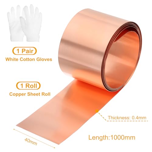 QUARKZMAN Kupferband Kupferblechrolle, 1000 x 40 x 0,4 mm 99,9% Reines Kupferfolie mit Weiß Baumwollhandschuhen, Kupferblechmetallfolieplatte für Basteln, Elektrizität, DIY-Projekt