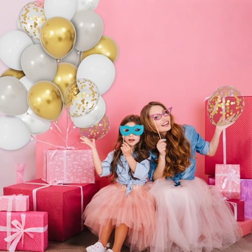 Image of 68Pcs Sand White Gold Confetti Balloons Kit 12 Inch Ballons Beige Pearl White Balloon Gold Party Balloons with Ribbons for Birthday Wedding engagement Baby Shower Graduation Decorations.
