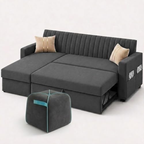 Image of CASASTYLE Kyagar 5 Seater LHS L Shape Sofa with Pull Out Bed, Storage Lounger & Suri Pouf Ottoman | Soft Velvet Suede Fabric | Comfort Cushions | Ideal for Living Room, Hotel & Office (Dark Grey)