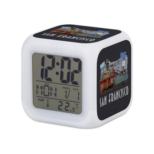Fabulous Réveil Cube Lumineux Noir - San Francisco Vintage Voyage Etats-Unis Carte Postale - 7,8 x 7,8 x 7,8 cm - Retro Éclairage Multicolore LED