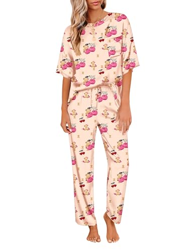 Image of Ekouaer Womens Satin Silky Pajama Set Short Sleeve Shirt with Long Pajama Pant Set Soft PJ Loungewear