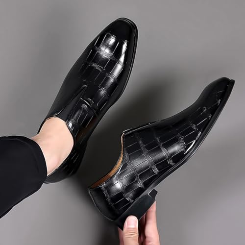 Zeberfi Men's Stone Pattern Leather Slip On Dress Loafers Fashion Elastic Strap Pointed Toe Low Top Non-Slip Luxury Business Formal Shoes4