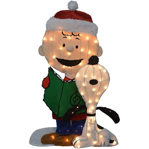 ProductWorks Peanuts Pre-Lit Charlie Brown and Singing Snoopy Indoor/Outdoor Christmas Yard Ornament Holiday Display with 70 Lights 32 Inches