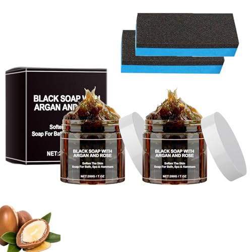 Jabón negro con argán y rosa, jabón negro marroquí orgánico – Limpieza profunda e hidratante exfoliante corporal, limpieza suave e hidratación, para todos los tipos de piel (2)