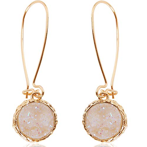 Humble Chic Simulated Druzy Threaders - Boho Glitter Upside-Down Long Hoop Dangle Drop Earrings for Women, Simulated Opal, Sparkly Pearly White, Opalescent, Simulated Moonstone, Gold-Tone