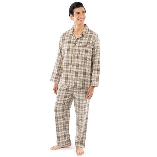 Fruit of the Loom Mens Flannel Pajama Sleep Set Beige/Khaki Plaid Medium