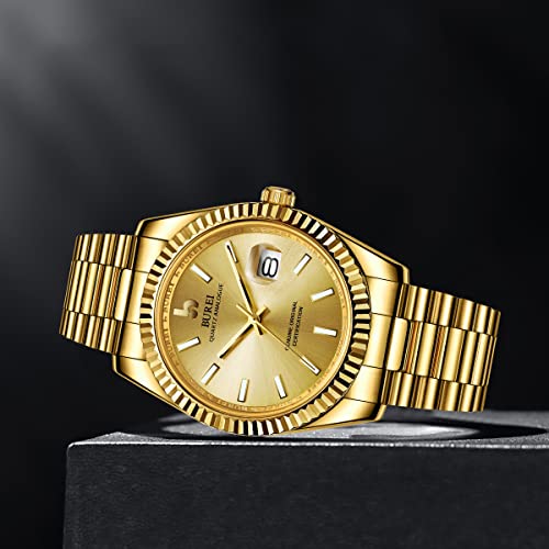 BUREI Mens Watches Luxury Analog Quartz Wristwatch Dial Calendar Display Sapphire Crystal with Stainless Steel Band, Gold, 41 mm, Royal, noble and luxurious design wrist watch