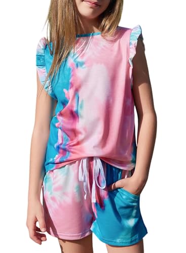 DOKOTOO KIDS Girls Fashion Set for Girls Cute Outfits Ruffle Sleeve T Shirt and Drawstring Shorts Set B Sky Blue 10-11Years