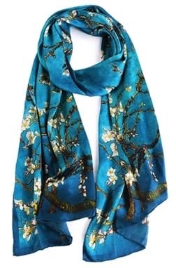 100% silk scarf- turquoise Van Gogh 'Almond Blossom'. Touch of elegance. Hangs beautifully.Luxury.