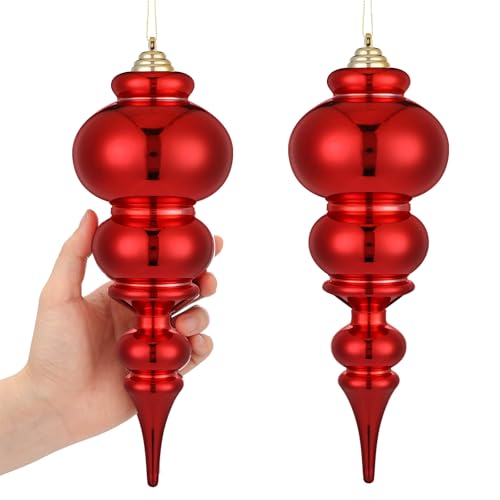 Soulchen 2 Pcs 12' Large Christmas Finial Drop Ornaments Giant Shatterproof Plastic Christmas Ball Ornaments Xmas Tree Topper Hanging Decorations for Holiday Xmas Decor(Red Shiny)