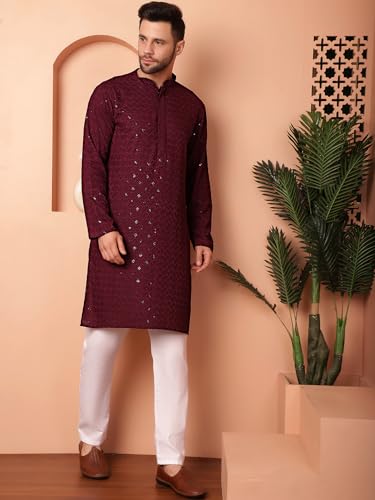 Image of Jompers Men's Purple Embroidered and Sequence Kurta with Pyjama (Purple, S)