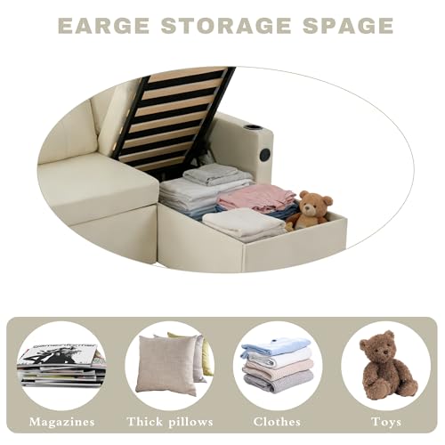 Image of 82 inch Pull Out Sofa Bed,L-Shape Modern Sleeper Sofa, Upholstered Sectional Couch with USB Port and Side Pockets for Living Room and Guest Room (Beige)