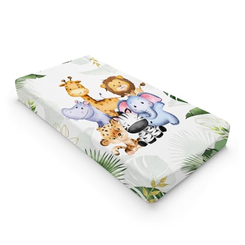 Image of Jungle Safari Animals Tropical Leaves Flowers Changing Pad Cover Lion Elephant Zebra Giraffe Hippo Change Table Covers for Boys Girls Soft Stretchy Diaper Changing Mat Sheets Cover 32''x16''
