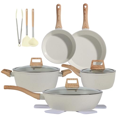 Image of Ceramic Cookware Sets 15PCS Pots and Pans Set Non Stick (white15) | Fashion House Warming Gift Easy Clean Suitable For Beginners