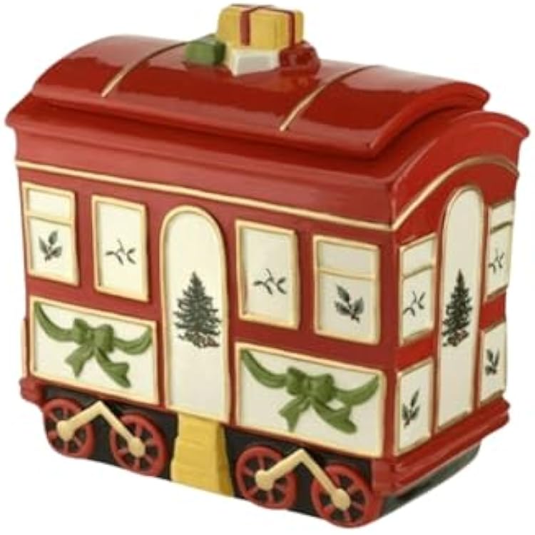 Spode Christmas Tree Cookie Jar with Lid, 8.5 Ceramic Holiday Train Car Dish for Cookies, Candy, Nuts - Festive Christmas Home Decor & Holiday Treats Jar - Great for Collectors