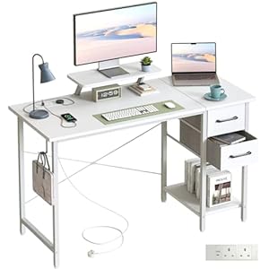 DOMSHOCT Computer Desk with Drawers & Power Outlets, 100*50cm Home Office Desk with Monitor Stand, Gaming Table with Reversible Storage Shelf & Hook, Small PC Workstation for Study Work Write, White