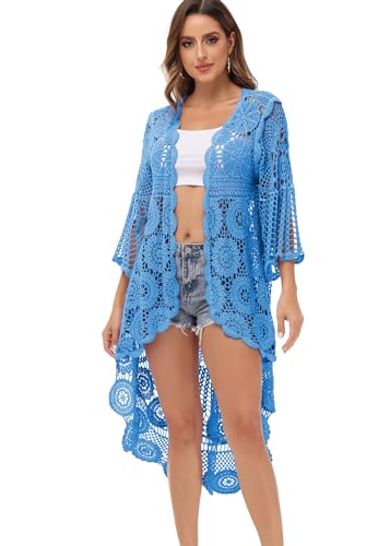 Image of Anna-Kaci Women's Crochet Long Vest Boho Short Sleeve Kimono Cardigan Swimwear Cover up