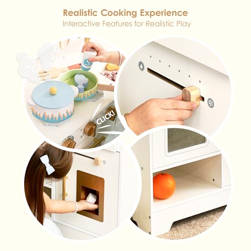 Image of White Wooden Play Kitchen for Kids with Ice Maker, Sink, Stove and Storage | Small Pretend Cooking Set with Oven, Microwave, Utensils and Storage for Montessori Role Play, Ages 3+