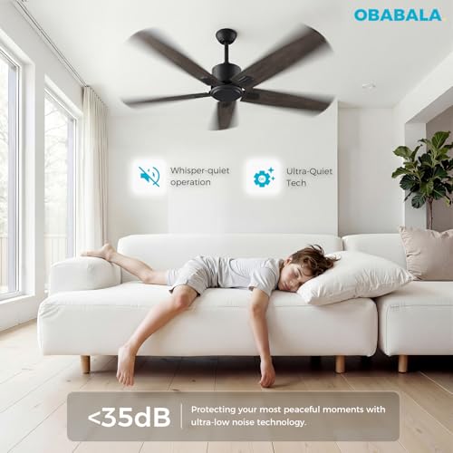 Image of Obabala 52 Inch Ceiling Fan No Light, Modern Black Ceiling Fan Without Light with Remote & APP, Quiet Reversible DC Motor, 6-Speeds, for Living Room, Bedroom, Patio (Black+Brown)