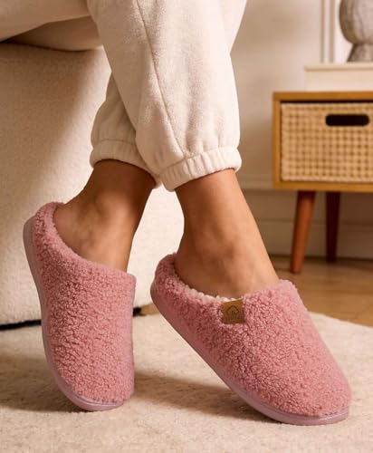 Image of Evshine Memory Foam Fuzzy Slippers for Women Curly Fleece House Shoes | Indoor Outdoor, Comfy and Warm Fur Lining, Non-slip Rubber Sole, Bedroom Slip on, Cozy, Cushioned, Machine Washable