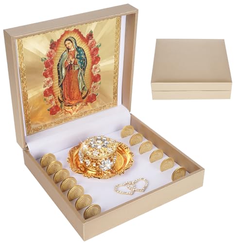 FUNPAR Arras Para Boda Catolica with Virgen De Guadalupe Gifts Box Premium Arras De Boda Cristiana Arras De Boda Catolica Wedding Coins Catholic Arras Box Mexican Wedding Arras Coins Set(Gold)