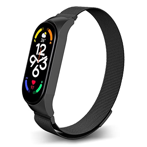 PaceBid Bracelet Compatible avec Xiaomi Mi Band 7, Montre en Acier Inoxydable tissé en Maille Ajustable Magnétique de Montre pour Xiaomi Mi Band 7 -Noire Cover