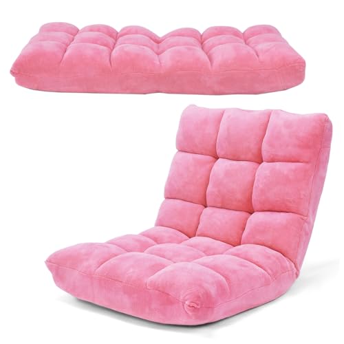 Image of COSTWAY Floor Chair, Video Gaming Chairs with Back Support | Adjustable 14-Position, Alloy Steel Frame, Soft Coral Fleece, Lazy Sofa Lounge for Adults Kids, Pink