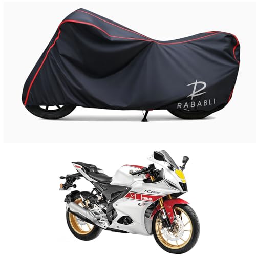 Image of Waterproof Bike Body Cover Compatible for | Yamaha R15 V4 M World | Taffeta Fabric, Red Piping Design, Bottom Elastic Fit | Dustproof, Sun UV & Rain Protection for All Bikes