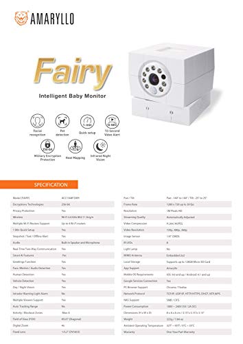 Amaryllo Fairy Biometric PTZ Wi-Fi Baby Monitor with Face Recognition, Support Human, Vehicle, and Pet Detection, 360° Degrees Viewing Angle, 720p HD, White