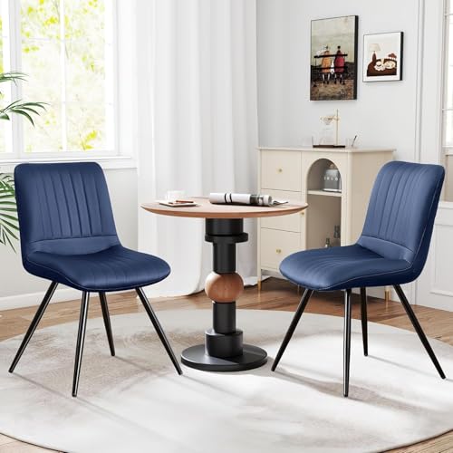 Image of Dining Chairs Set of 2, Modern Dining Chairs with Thick Cushions, Faux Leather Upholstered Kitchen Dining Room Chairs with Metal Legs for Dining Living Room (Navy Blue)
