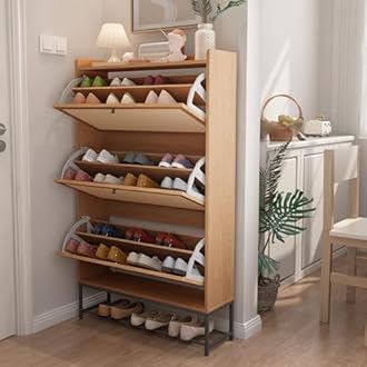 AVZEAR Narrow Shoe Storage Cabinet with 3 Flip Drawers, Freestanding Shoe Organizer Wooden Closed Shoe Rack, Slim Shoe Cabinet Storage for Entryway, Hallway, Living Room (Natural)