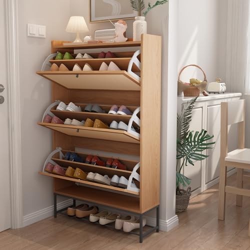 AVZEAR Narrow Shoe Storage Cabinet with 3 Flip Drawers, Freestanding Shoe Organizer Wooden Closed Shoe Rack, Slim Shoe Cabinet Storage for Entryway, Hallway, Living Room (Natural)