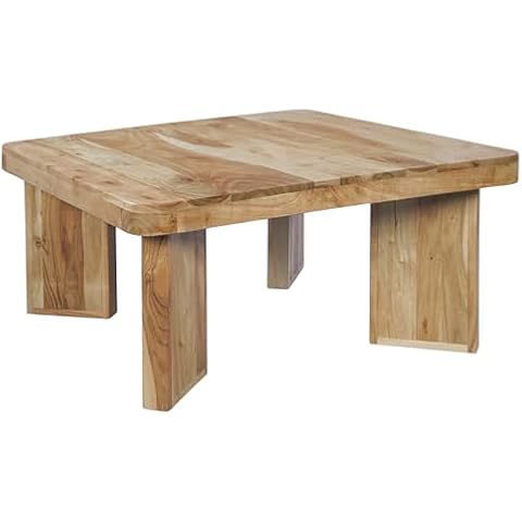The Urban Port Cascade 32 Inch Coffee Table, Handcrafted Natural Acacia Wood, Square Top with Diagonal Wide Panel Legs Cover