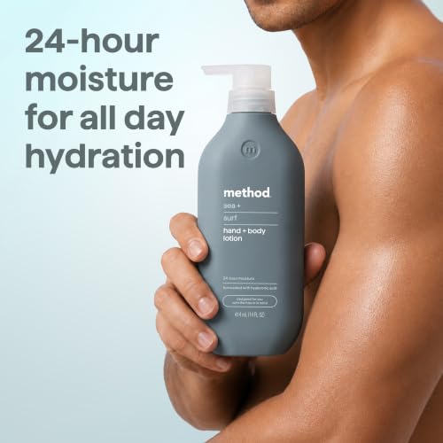Image of method Hand + Body Lotion for Men, Sea + Surf, 14 fl oz | Delivers 24 Hour Moisture, Formulated With Hyaluronic Acid and Shea Butter, Softens Skin, Made without Parabens