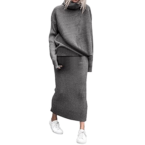 KBOPLEMQ Women's Knitted Dress & Skirt 2-Piece Set - Turtleneck Pullover Top & Pencil Skirt - Elastic Bodycon Mini Dress - Autumn Winter, gray, M
