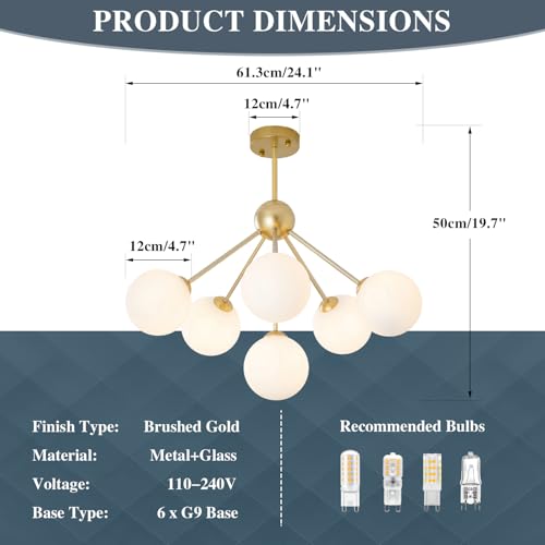 Image of KCO 6-Light Frosted White Milk Glass Globe Sputnik Ceiling Light Fixture