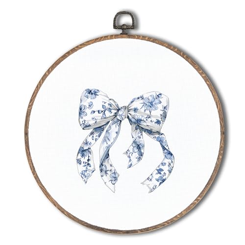 Image of Tzhim Coquette Blue Bow Round Wall Art Decor, Coquette Room Decor, Preppy Blue and White Chinoiserie Bow Hanging Wall Art Canvas Framed, Blue Floral Wall Sculptures for Girls Room Dorm Decor, 10x10in