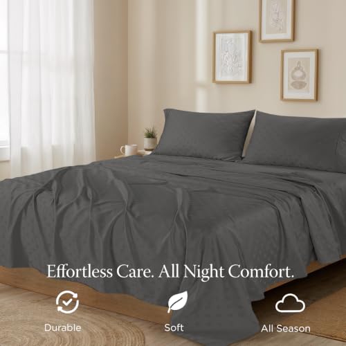 Image of Threadmill 300TC Cotton Full Sheet Set, Sateen, Jacquard, Dark Grey | 100% Cotton, Sateen Weave, Jacquard Pattern, 4-Piece Set, 16 inch Deep Pocket, Cooling, OEKO-TEX Certified, Machine Washable