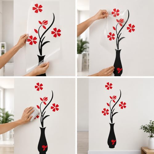 Image of DreamKraft Flower Pots Wall Sticker for Home Decor, Drawing Hall, Living Room Decor (Black & Red, PVC Vinyl)